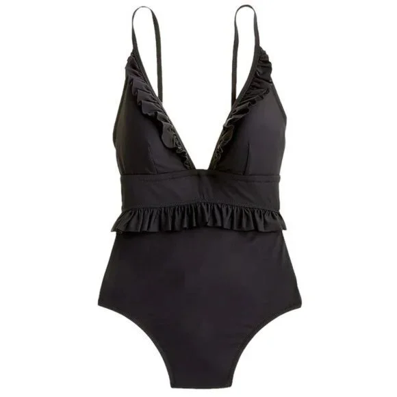J. Crew Long Torso Ruffle Deep V One Piece Swimsuit Size 0 Black NWT - Picture 1 of 4